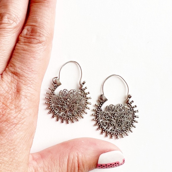 Sterling Silver Bohemian Hoop Earrings India Scroll Design - Picture 3 of 9